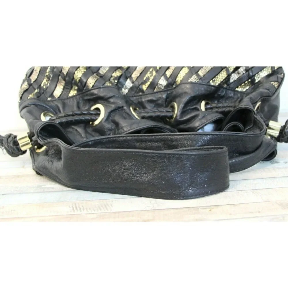 Elliott Lucca BLACK GOLD WOVEN GENUINE LEATHER DRAWSTRING SHOULDER BAG PURSE